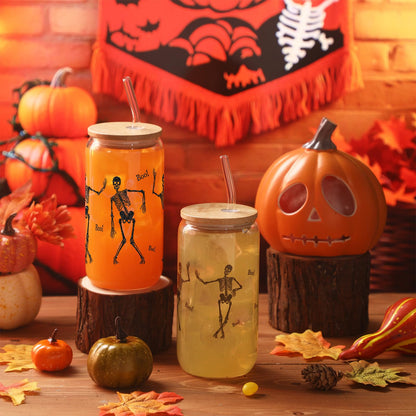 Zhehao Set of 2 16 oz Summer Halloween Skeleton Glass Cups with Lids Straws and Cleaning Brush, Skeleton Iced Coffee Cup Drinking Glasses Tumbler for Halloween Gifts Boo Basket Stuffers
