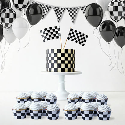 Race-Themed Checkered Cupcake Wrappers, Set of 42 - Red Checkered and Black and White Checker Pattern Cupcake Wrappers for Race Car Party Supplies by Pretty Cute Studios