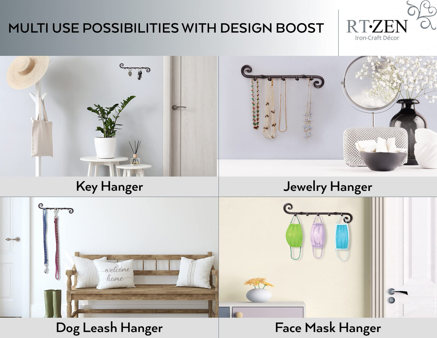 RTZEN Farmhouse Small Key Holder for Wall - Handcrafted Swirl Decorative 5 Key Hooks for Home Entryway - Wrought Iron Wall Mount Rack Purse Coat and Leash Holder or Organizer (Classic Black)