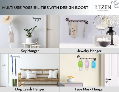 RTZEN Farmhouse Small Key Holder for Wall - Handcrafted Swirl Decorative 5 Key Hooks for Home Entryway - Wrought Iron Wall Mount Rack Purse Coat and Leash Holder or Organizer (Classic Black)