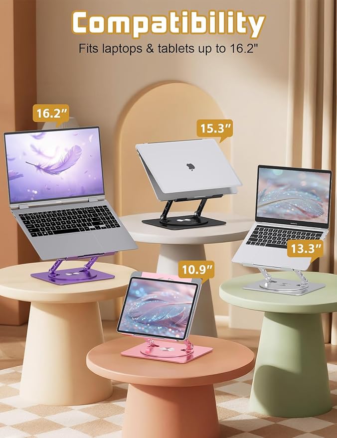 Axbima Adjustable Laptop Stand for Desk-360° Rotating Base Aluminum Laptop Riser,Ergonomic Computer Stand for Office Home MacBook Pro/Air Dell HP up to 16'',Black