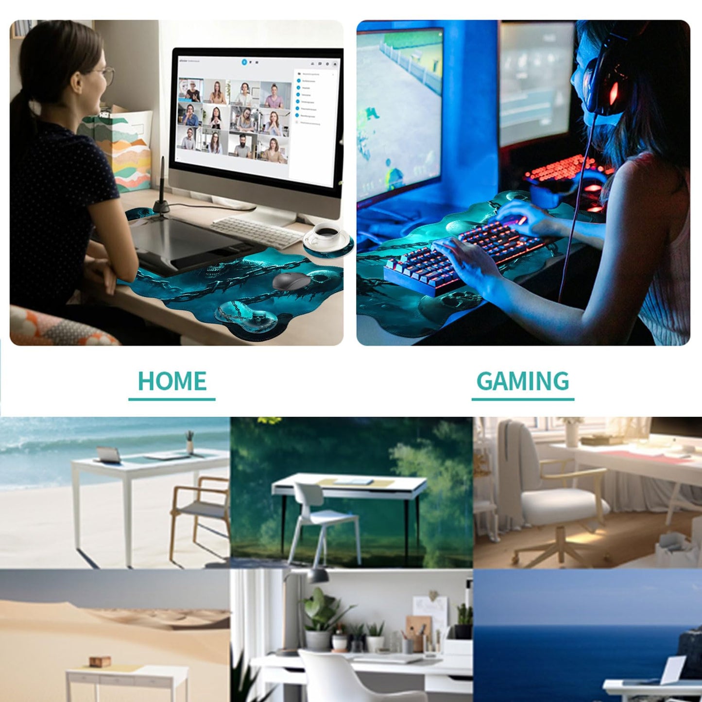 EFGWSDER Desk Mat, Mouse Pad with Wrist Rest, 4-in-1 Large Mouse Pads for Desk, Ergonomic Mouse Pad and Keyboard Wrist Rest Gaming Keyboard Mat for Office,Cool Skulls