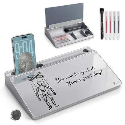 TOWON Small Compact Glass Desktop Whiteboard with Storage – 12 x 7 in Dry Erase Board for Desk, Home Office, School | Includes 5 Markers, Eraser & Holder | Space-Saving Organizer, Metallic Silver