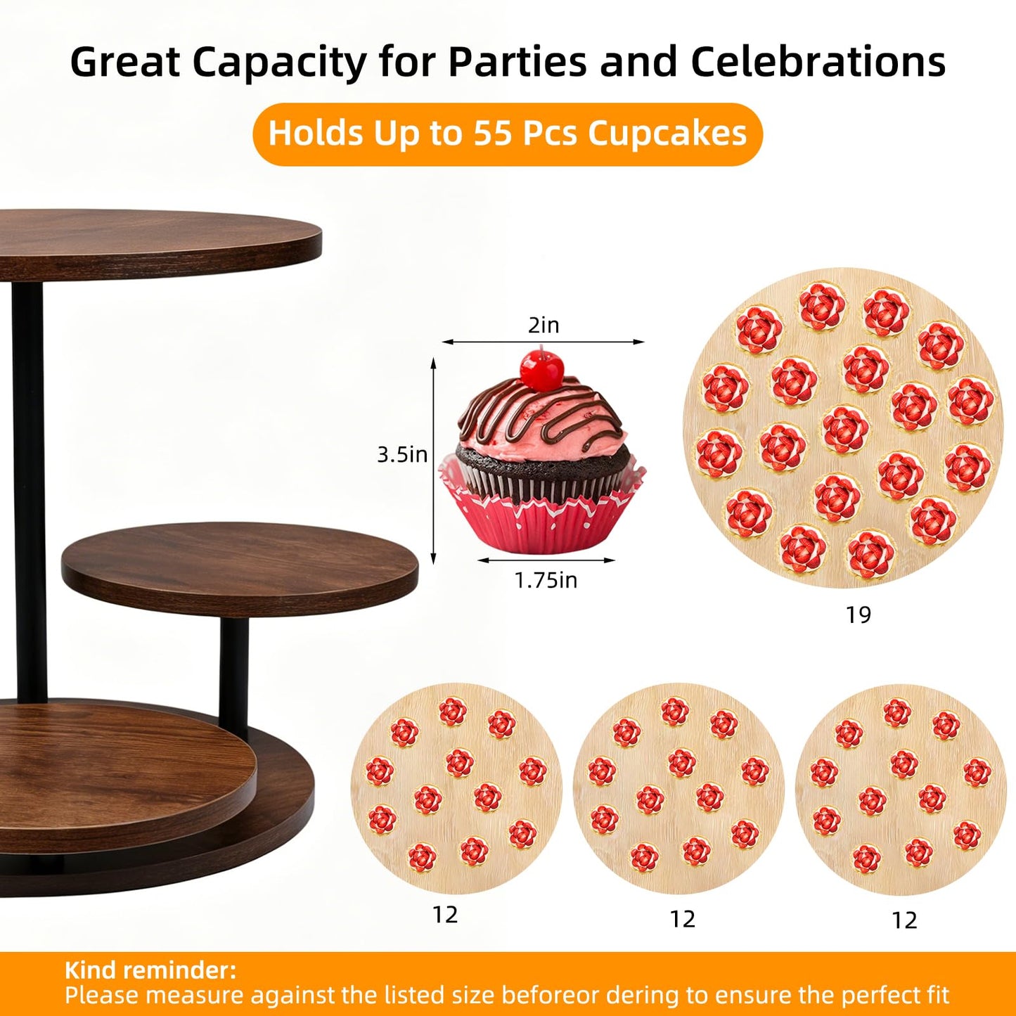 4 Tier Round Cupcake Tower Stand for 50 Cupcakes, 360° Rotating Wood Cake Stand with Tiered Trays, Farmhouse Cookie Stand for Dessert Table Display for Wedding Birthday Baby Shower Tea Party ﻿