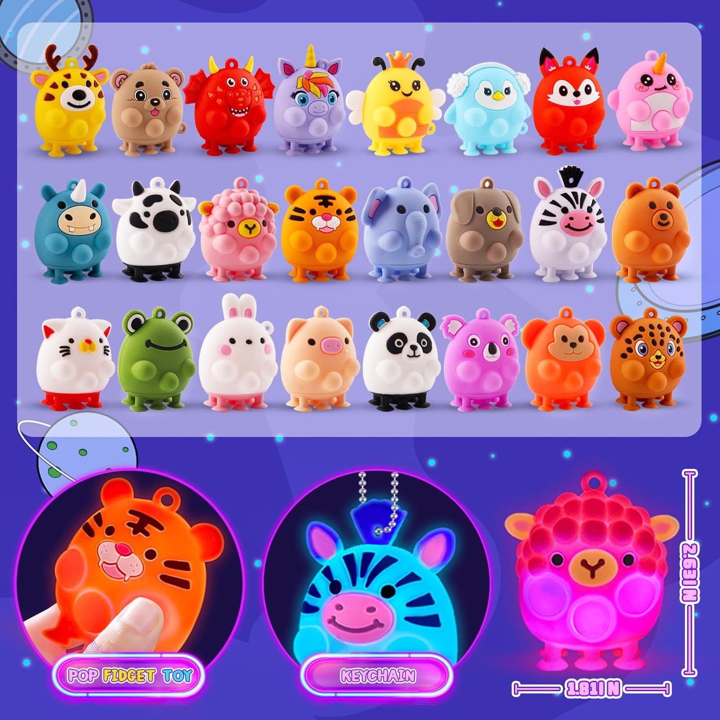 ChildFun Party Favors for Kids, 24 PCS Light UP 3D Animal Suction Pop Fidget Toys, Glow in The Dark Party Supplies, Goodie Bags Stuffers for Kids, Pinata Stuffers, Suction Toys for Toddler