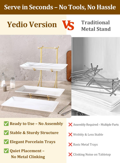 Yedio 3 Tier Serving Tray Set – 12 Inch Porcelain Serving Platters with Pre-Assembled Gold Metal Stand, No Installation Required, Tiered Tray for Dessert Fruit Food Display and Party Entertaining