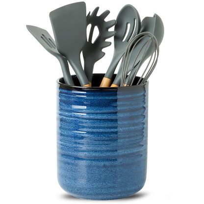 HASENSE Ceramic Kitchen Utensil Holder, 7.4" x 6.2" Large Countertop Utensil Crock, Stable Cooking Utensil Organizer for Spatulas, Spoons, Whisks & Tools, Modern Blue Kitchen Decor