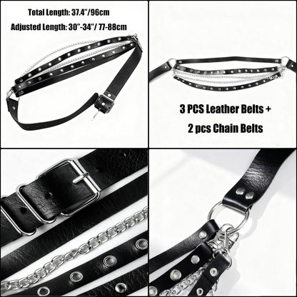 Aufordebatis Punk Goth PU Leather Layered Wasit Belt for Women, Adjustable Grunge Emo Rave Gothic Chain Belts Accessories (Black, S for Waist 30-34 in)