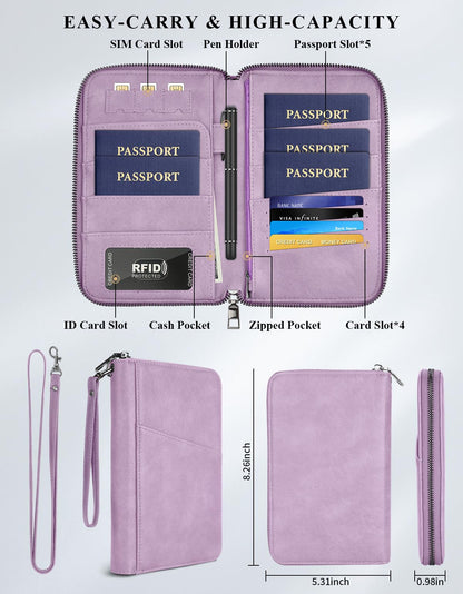 Family Passport Holder Wallet RFID Travel Document Organizer for Women Men, Portable Case Cover for Cards, Boarding Pass with Wrist & Neck Double Strap, Travel Christmas Gifts (Purple, 1pack)