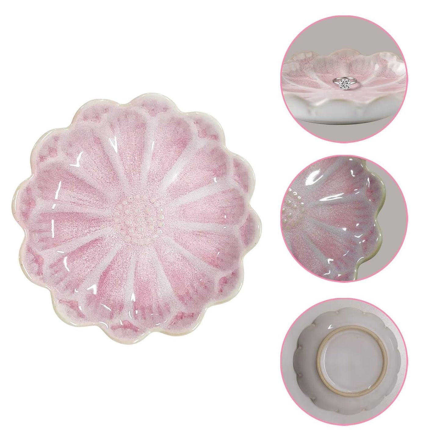 Koyzsen Lotus Ceramic Jewelry Tray, Small Trinket Jewelry Ring Holder Organizing Dish, for Parents Daughter Friends Sister, Birthday Gifts for Women, Retro Blue & Pink
