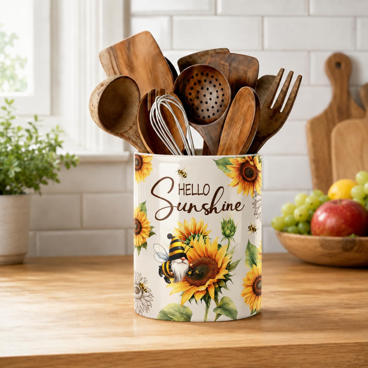 DPOTHK Bee Gnome Utensil Holder, Ceramic Kitchen Utensil Holder, Utensil Crock for Home Kitchen Countertop Storage Organizer Container, Large Holder for Spatulas, Spoons, Kitchen Counter Decor, 6"