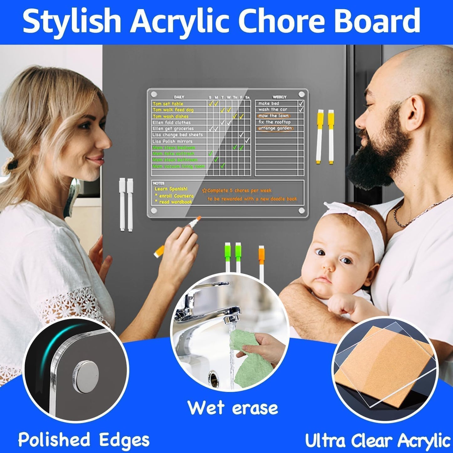 PigPotParty Acrylic Magnetic Chore Chart for Adults, 12x9.5 Inch Clear Dry Erase Chore Board for Fridge, Daily Weekly and Notes Sections, Pre-Installed Embedded Magnets, 8 Fine-tip Markers and Towel