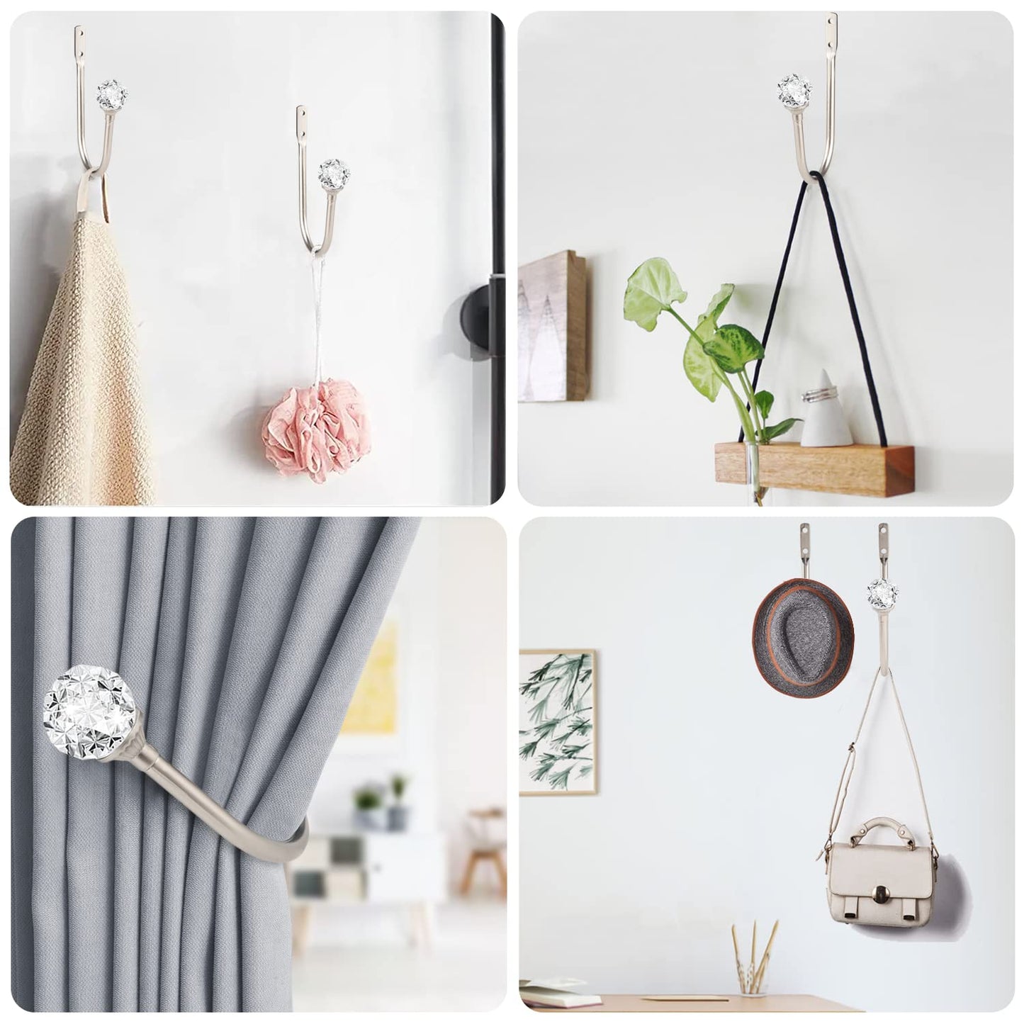 gobutend Curtain Holdbacks, 4 pcs Curtain Tiebacks Hooks for Drapes with Clear Crystal Ball, Wall Mounted Window Curtain Holder for Home Decor, Silver