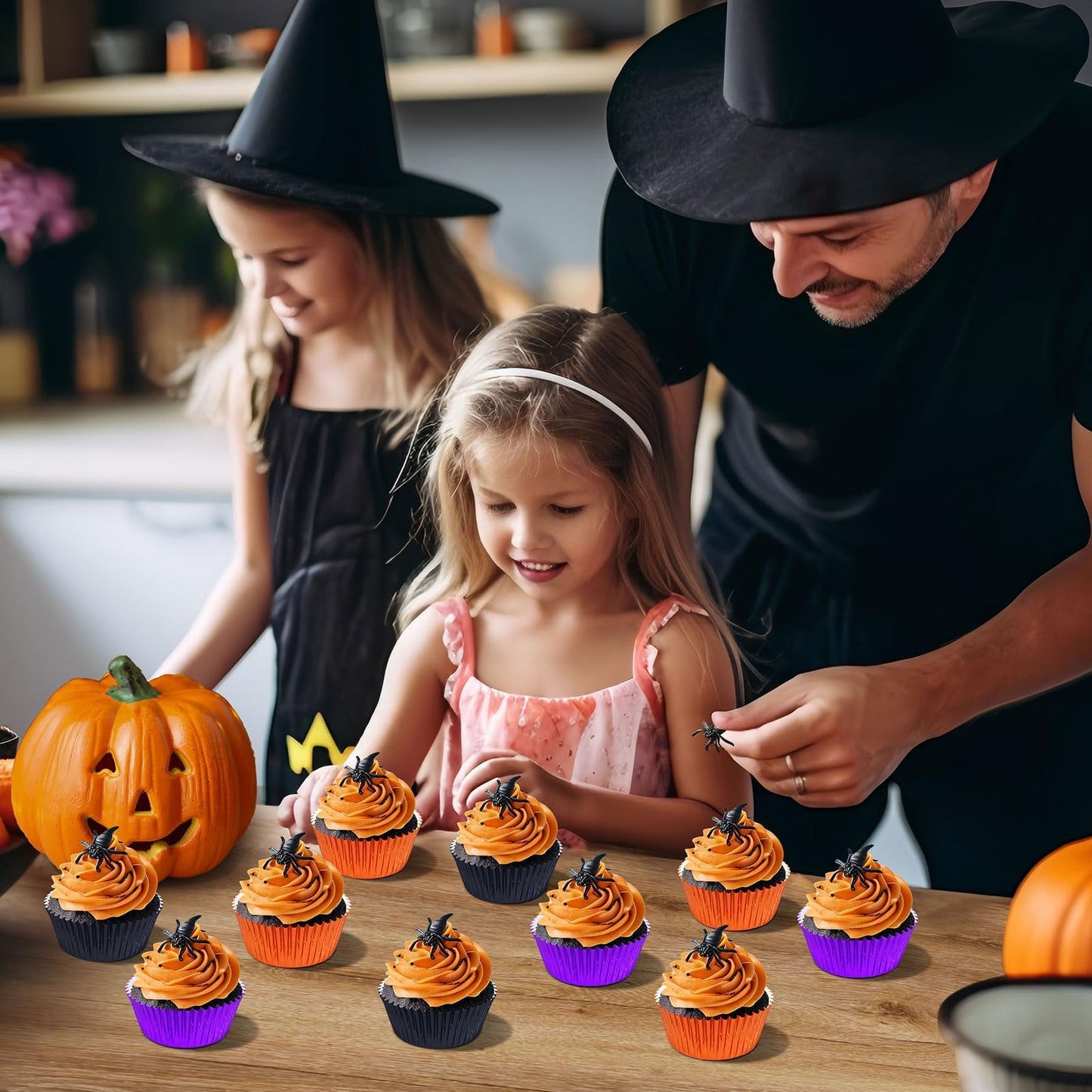 SANNIX 450Pcs Halloween Foil Cupcake Liners Muffin Liners Baking Cups Foil Metallic Cupcake Wrappers for Halloween Party Supplies Standard Size (Black, Purple, Orange)