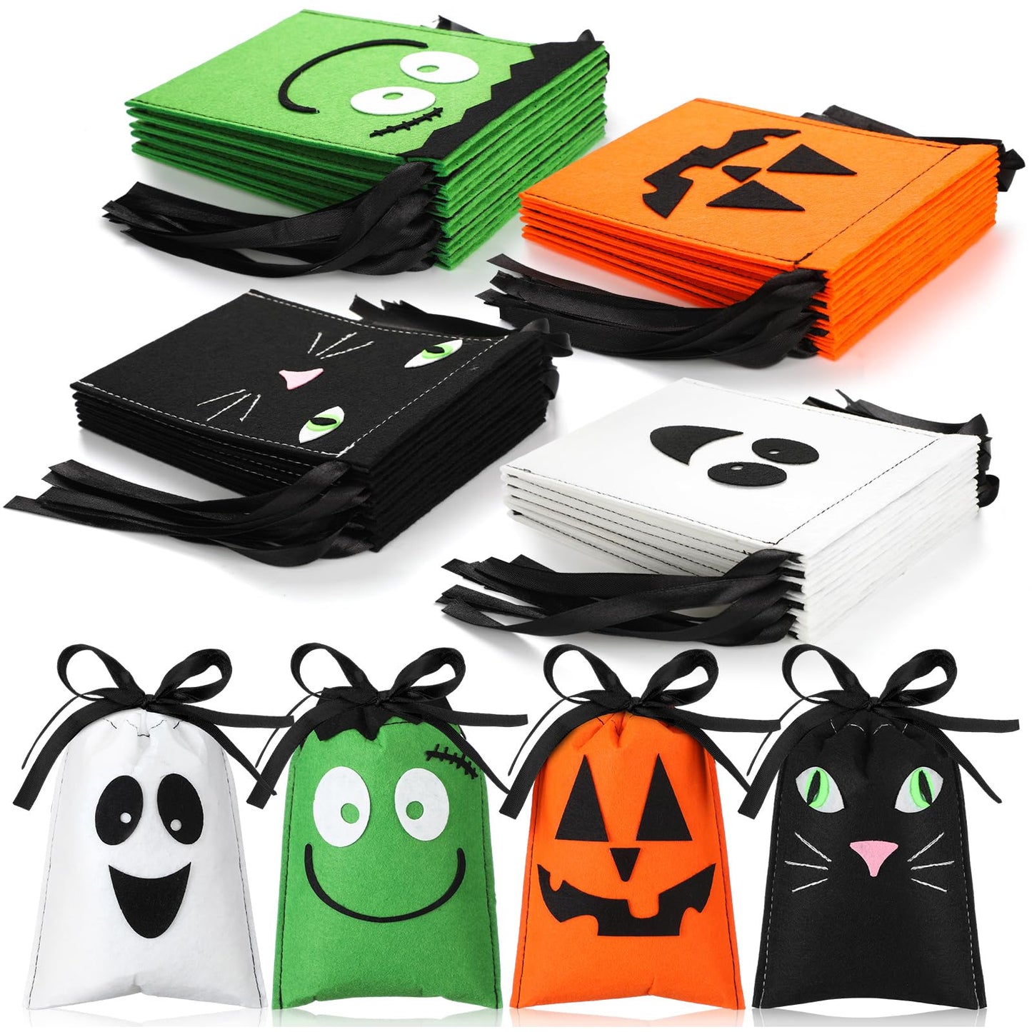 Sweetude 24 Pcs Halloween Felt Treat Bags 5 x 7'' Handmade Pumpkin Ghost Cat Monster Candy Goodie Gift Bags with Drawstrings Trick or Treat Halloween Party Favors Supplies