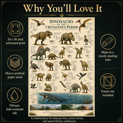 Dinosaurs of the Cretaceous Period Poster 24x36 Unframed Print Educational Dinosaur Chart Wall Art Prehistoric Animal Timeline Paleontology Classroom Decor Science Museum Artwork