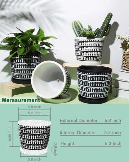 vensovo 5.8 Inch Boho Plant Pots Indoor - Artisanal Succulent Pots with Drainage Holes and Saucer, Cement Pots for Indoor Plants, Flower Pot with Rubber Pot Feet, Set of 2, White Lines and Black