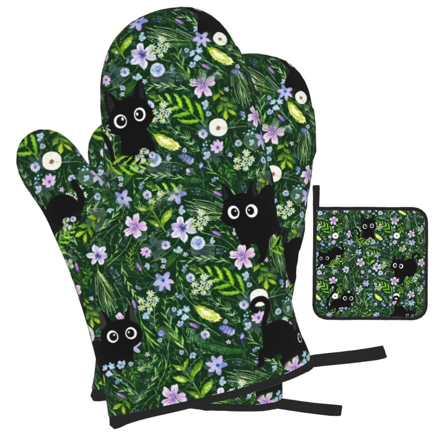 Spring Funny Black Cat Hot Pads and Oven Mitts Heat Resistant,Green Oven Gloves Pot Holders Set for Cooking Baking Grilling BBQ,Cute Cat Lover & Baking Gifts for Women