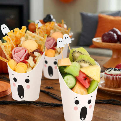 Whaline 500 Pcs Halloween Charcuterie Cup Sets 200 Cocktail Pick 100 Bags 100 Twist Ties 100Pcs 14Oz Cute Ghost Expression Disposable Appetizer Cup White French Fry Holder for Trick or Treat Supplies