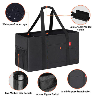 RVSNQ Extra Large Utility Tote Bag, Foldable Reusable Grocery Bags with Metal Wire Frame & Reinforced Bottom Board, Stand Up Large Utility Tote for Shopping, Beach Bag, Laundry, Car (Black)