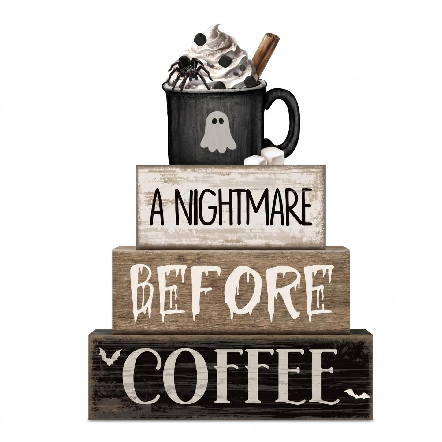 Lineshading 4 Pcs Halloween Table Decorations Spooky Coffee Wooden Stacked Block Decor, "A Nightmare Before Coffee" Signs with Ghost Mug Topper, Halloween Tiered Tray Decor for Home Office Kitchen
