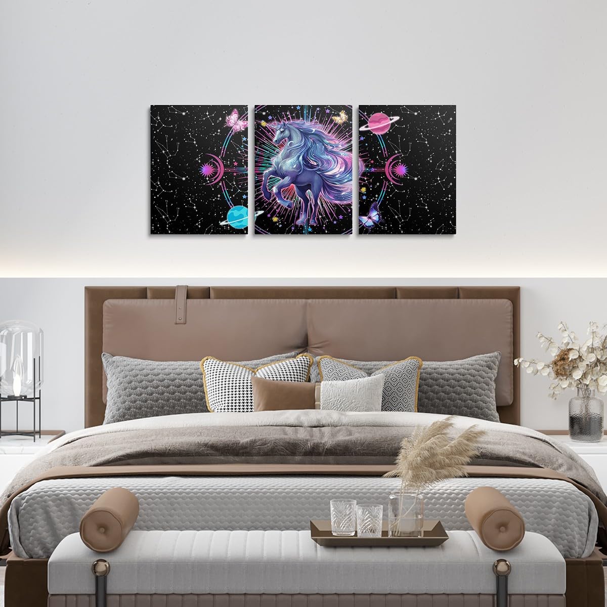 Feelyou Galaxy Unicorn 3 Piece Canvas Wall Art for Living Room Bedroom Solar System Wall Art for Home Decor Sun Moon Office Wall Decor Space Outer Sky Wall Painting