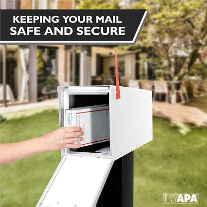 Ilyapa Modern Mailbox for Post Mount - White with White Door Powder Coated Steel, Waterproof Letter Box for Parcels, with Recessed Magnetic Close Door