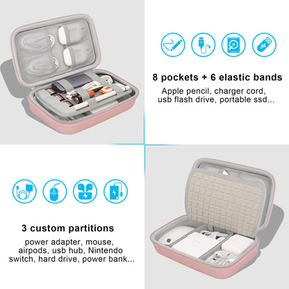 Elonbo Hard Travel Cords Organizer Universal Small Electronic Accessories Carrying Case for Chargers Cable MacBook Adapter Magic Mouse Apple Pencil USB Flash Disk Tech Portable Storage Bag, Rose Gold