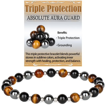 QOGIR Triple Protection - Onyx Hematite Tiger - Stainless Silver Beads Natural Gemstone Stretch Elastic Dainty Healing Beaded Bracelets Gifts 6mm