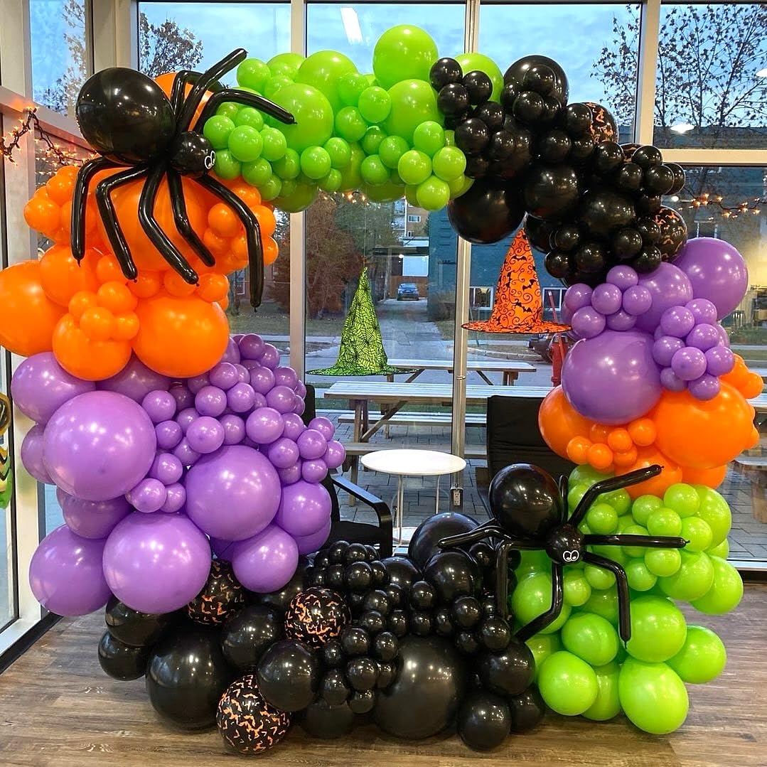 Halloween Balloon Arch Garland Kit, Purple and Black Balloons with 3D Bat Stickers, Big DIY Spider Balloon, Ghost Skull Foil Balloons Green Orange Balloon for Halloween Party Decorations Supplies