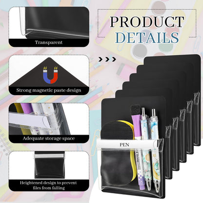 Sherr 6 Pcs 6 Pcs Magnetic Pockets Pen Marker Holders for Classroom Whiteboard 4.7 x 6.5 Magnetic Clear File for Fridge Locker Dry Erase Marker Storage Teacher Supplies (4.7 x 6.5 in,Black)