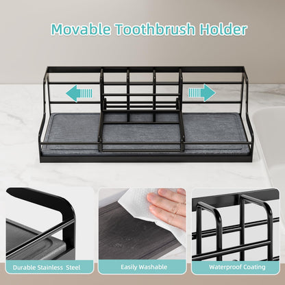 NANAGIFTREE Toothbrush Holders, Bathroom Organizers and Storage with Instant Drying Stone, 6 Slots Bathroom Accessories with Adjustable Toothpaste Holders, Bathroom Counter Organizer, Black