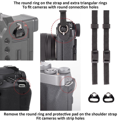 MUZIRI KIINOKOO Camera Strap Genuine Leather with Nylon Belt - Adjustable Shoulder Neck Strap Comes with Triangular Rings for Most of Digital Cameras- Length 90cm to 140cm - Black