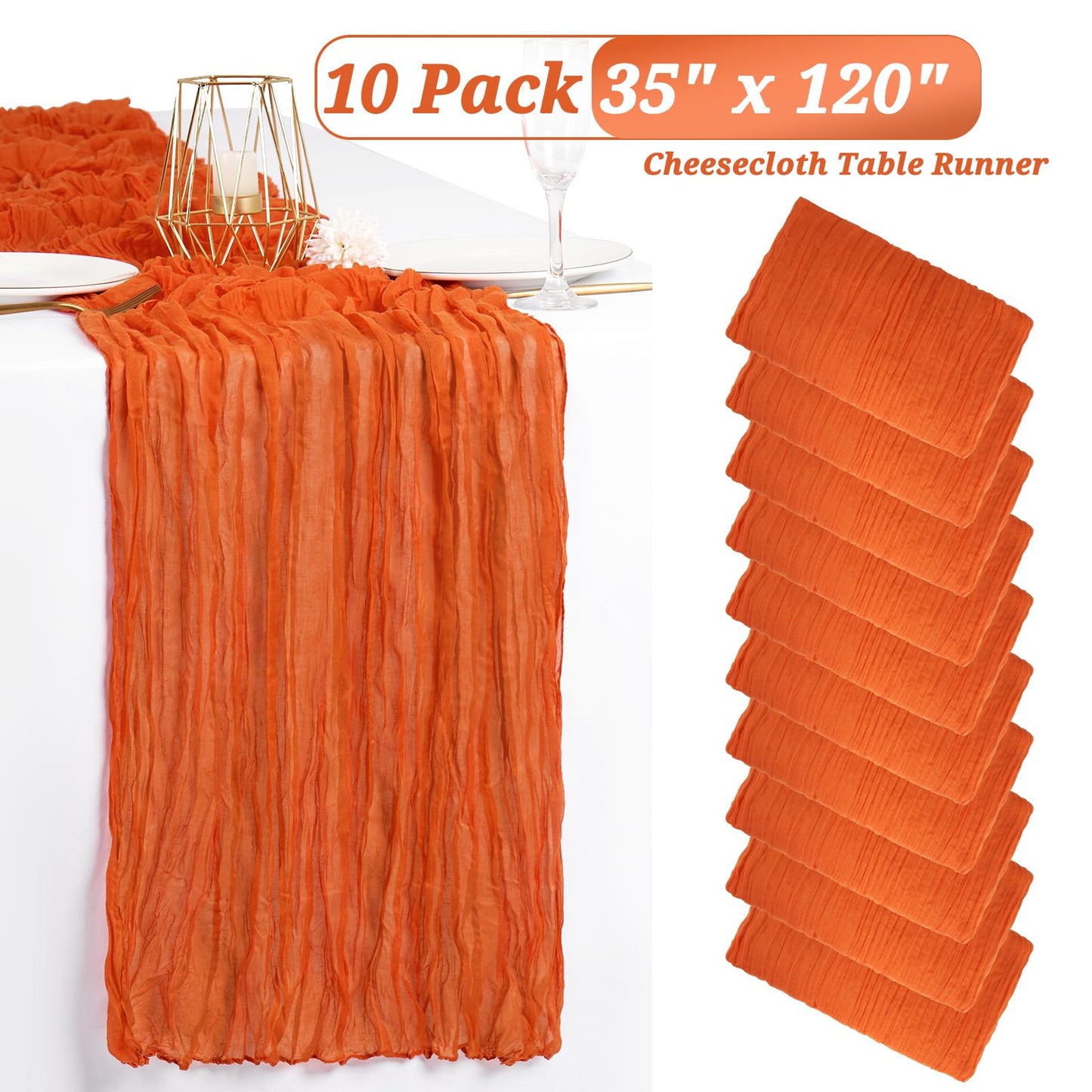 10 Pack Fall Halloween Table Runner 10FT Orange Cheesecloth Table Runner 35 x 120 Inch Long Semi-Sheer Gauze Fabric Boho or Rustic Wedding Table Decor for Bridal Shower Baby Shower Holiday Party