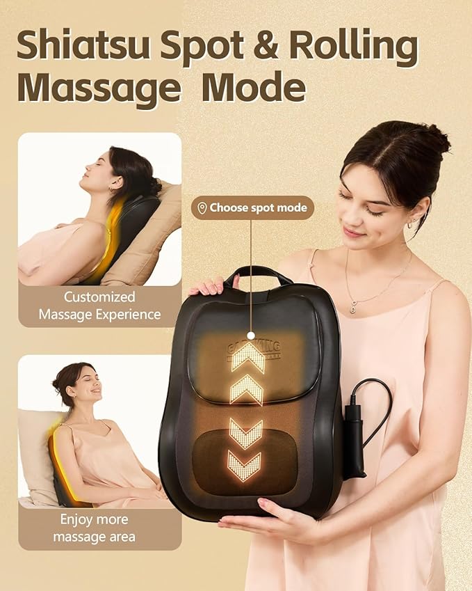 Up & Down Shiatsu Back Massage Pillow – Neck & Shoulder Pain Relief, Electric Lower Back Massager Deep Tissue with 3 Heat Levels for Office, Chair & Home Use for Men Women