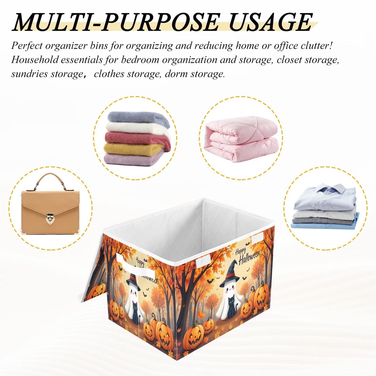 Bolaz Storage Bins with Lids and Handles,Maple Leaves Ghost Pumpkin Storage Box Basket with Cover Collapsible Organizer Containers for Home Closet, Shelves