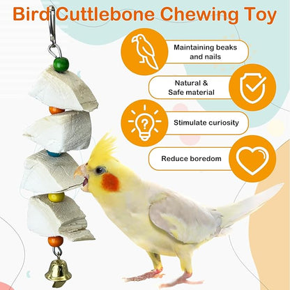 3 Pack Bird Chewing Toy Cuttlebone Parrot Toy with Bell Hanging Bird Beak Grinding Stone Parakeet Cage Accessories for Small Budgies Lovebirds Cockatiels (Block, 4 Per Skewer)