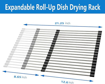Expandable Roll Up Dish Drying Rack Over The Sink Rack, Foldable Dish Drainer Rack Stainless Steel for Large Sink, Silicone Rollable Collapsible Rack 18 Tube for Kitchen(Sliver,12.8'' to 21.25”)
