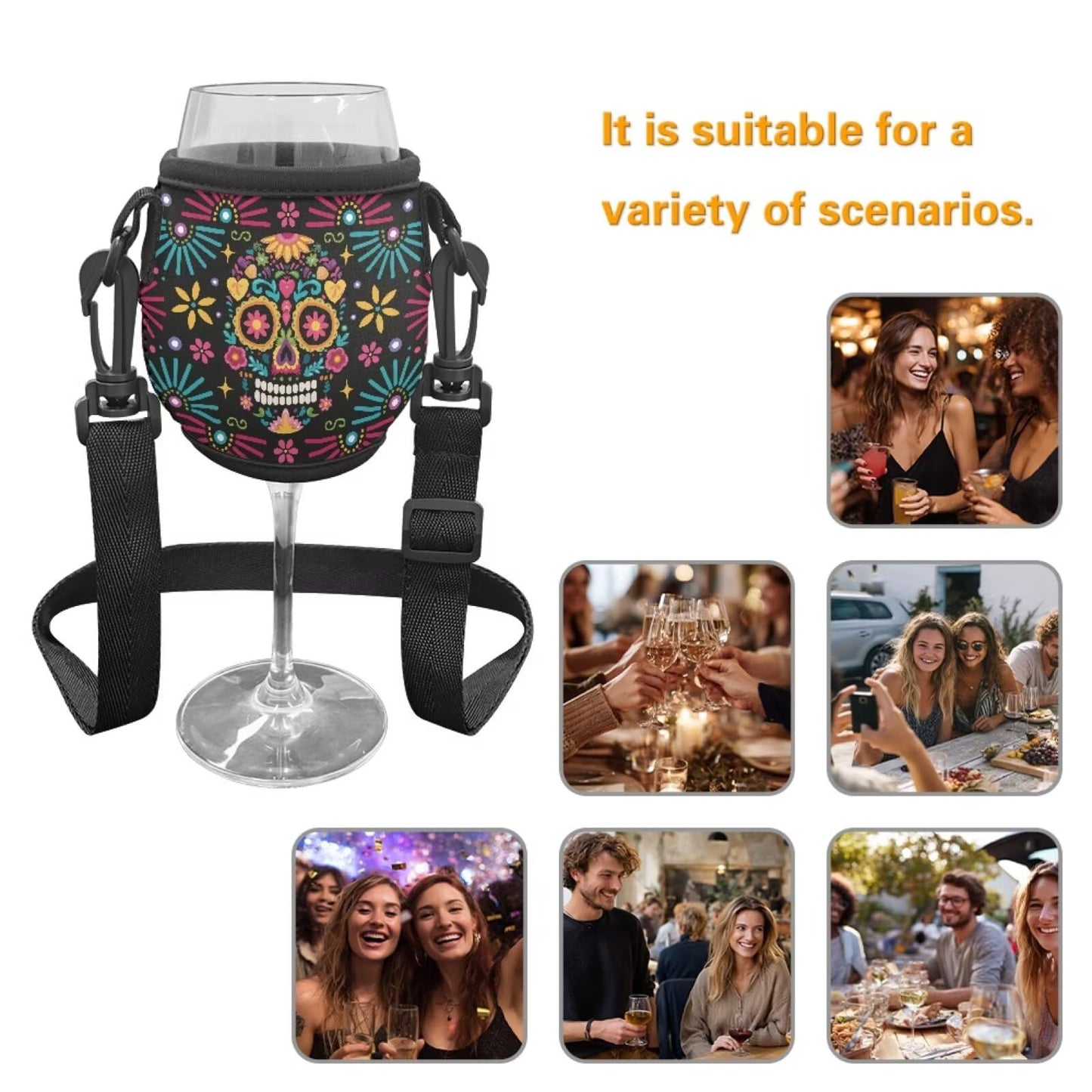 WHOSGNIHT Skull Flower Print Wine Glass Sleeve Large Neoprene Stemless Wine Glass Insulator Lanyard Hand Free Drink Holder with Neck Strap for Cocktail Festival