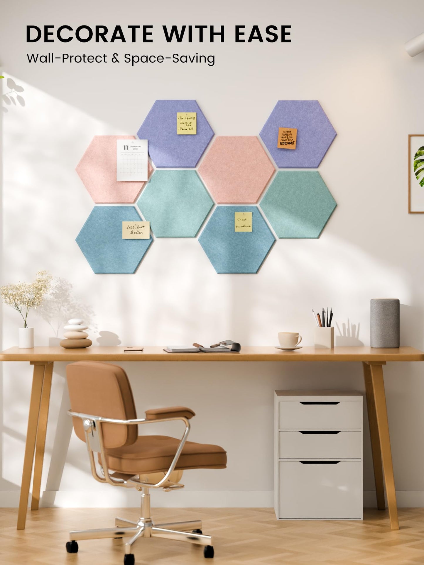 Fluxynara Hexagon Cork Board Alternative for Walls Decor-8-Pack Felt Bulletin Board Tiles,with 30 Pushpins,50 Adhesive Tabs for Office& Home Pin Board Felt Board-Coastal Haze