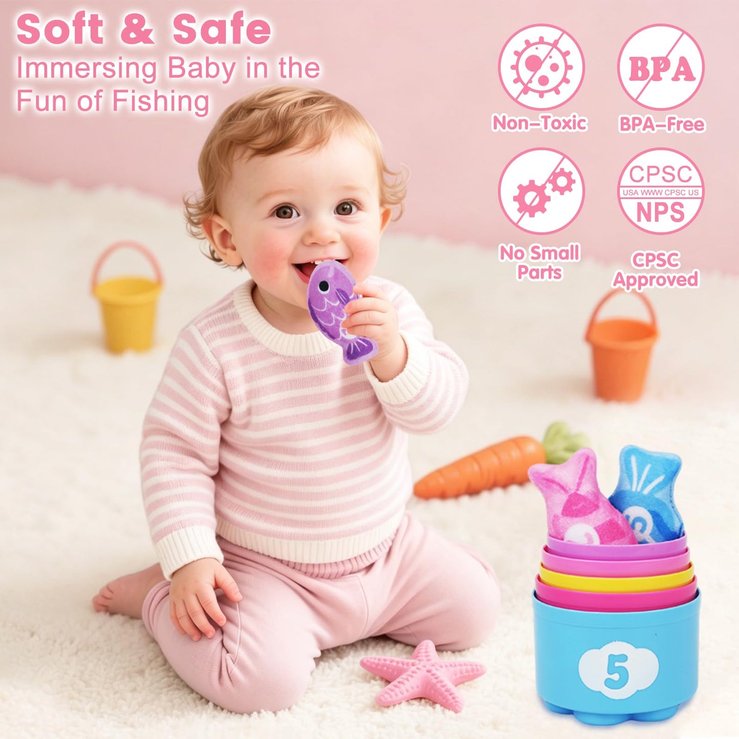 Montessori Toys for 1 Year Old Girl Gifts - Cloth Fishing Game with Stacking Cups Toddler Toys Age 1-2 - One Year Old Boy Girl First Birthday Gift - Sorting Learning Baby Toy 12-18 Months Toddlers 1-3