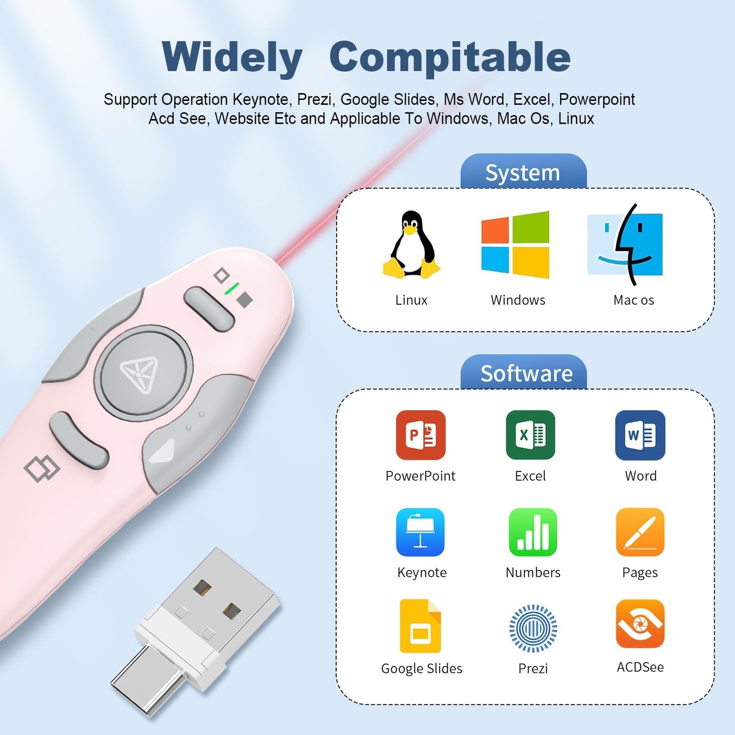 QUI Presentation Clicker Wireless Presenter Remote Clicker for PowerPoint Presentation Remote, PowerPoint Slide Advancer for Mac/Windows/Google Slide/Keynote, Pink, A-C
