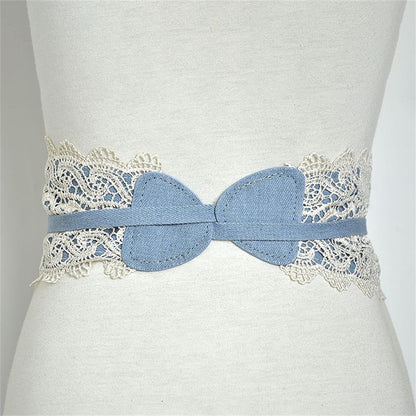 QIANXISUN Women's 2 Packs Lace Waist Belt Bow Tie Wrap Around Soft Leather Boho Corset Fashion Elegant for Dresses (White)