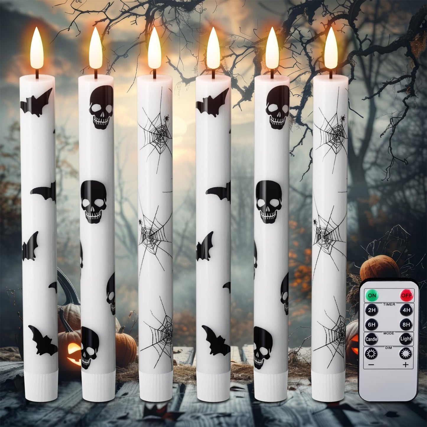 Eldnacele Halloween Flameless Taper Candles Battery Operated with Remote Timer, Set of 6 White Real Wax 3D Wick Flickering LED Taper Candles Spooky Halloween Indoor Decor(0.75" D x 9.65" H)