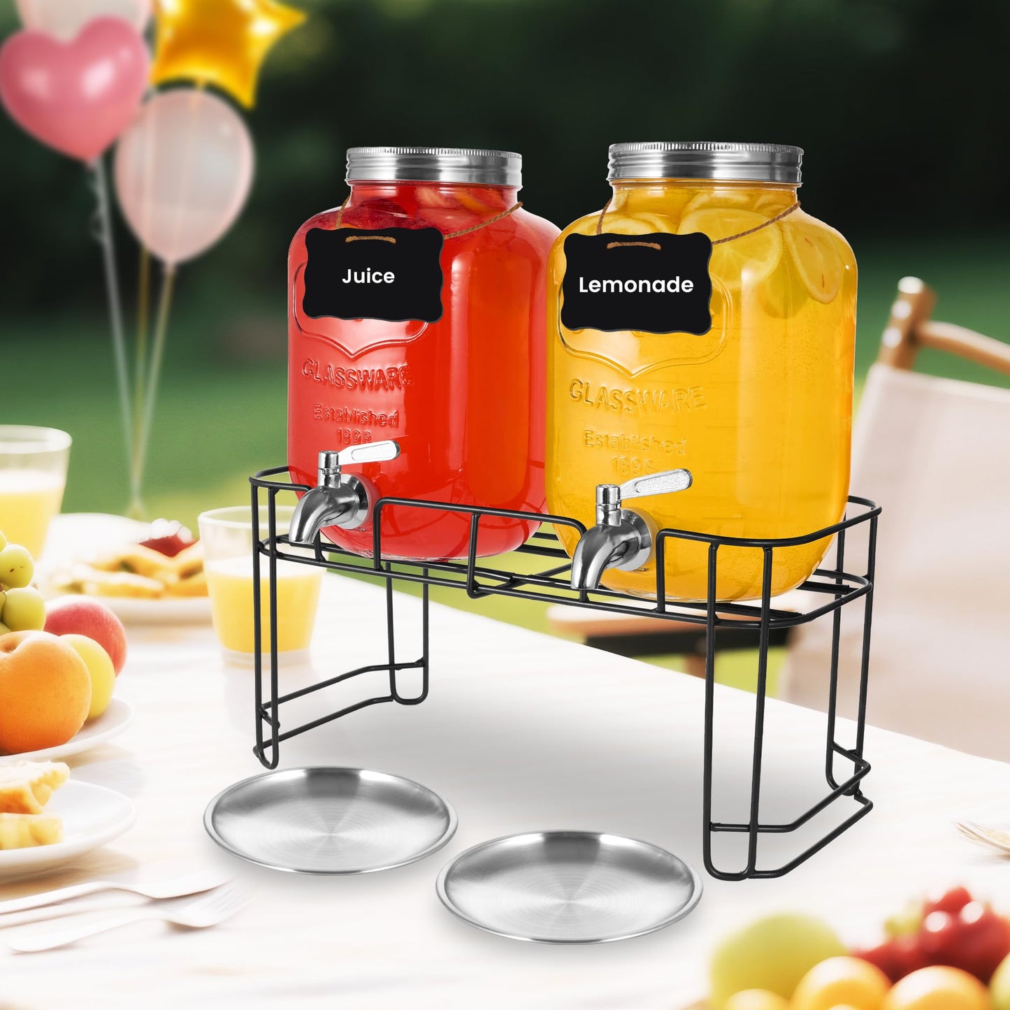 Drink Dispenser, 2 Pack 1 Gallon Glass Drink Dispensers For Parties,Beverage Dispenser, Glass Drink Dispenser With Stand And Spigot (Stainless Steel Spigot)