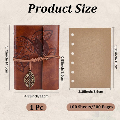 CALFOVERA A7 PU Leather Diary Vintage Writing Travel Business Work Notepad with Lined Pages Leaves Carving Leather Journal Notebook Binder Cover with Book Insert for Men Women(Brown)