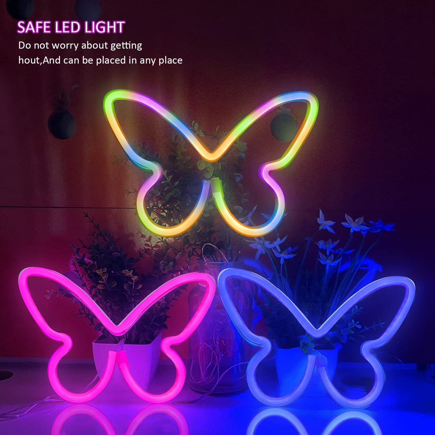 BRIGHTDECK 3 Pcs Butterfly Neon Signs, Neon Light for Bedroom, USB or 3-AA Battery Powered LED Wall Décor for Valentines Day Birthday Gift, Wedding, Party, Home Decor (Pink, Purple, Warm white)