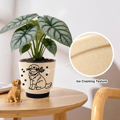 STHIE 5 inch Ceramic Plant Pot, Round Planters for Indoor Plants with Drainage Hole, Ice Crack Decorative Flower Pot, Cute Planters for Snake Plant (Flower Dog)