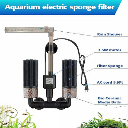 Electric Aquarium Sponge Filter with Submersible Pump, Ultra Quiet Power Filtration, Bio Media & Dual Sponges, Internal Filter for Freshwater & Saltwater Fish Tanks