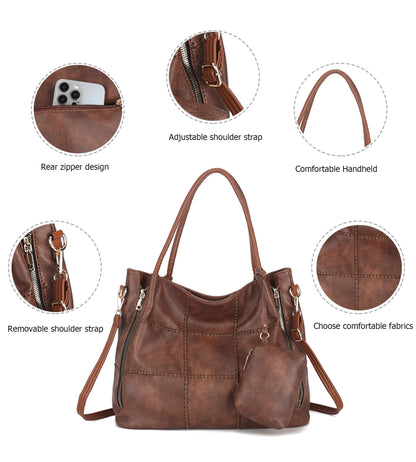 myfriday 2pcs Soft Faux Leather Tote Bag for Women Set, Slouchy Shoulder Handbag Vintage Top Handle Purse with Coin Purse (Grey)